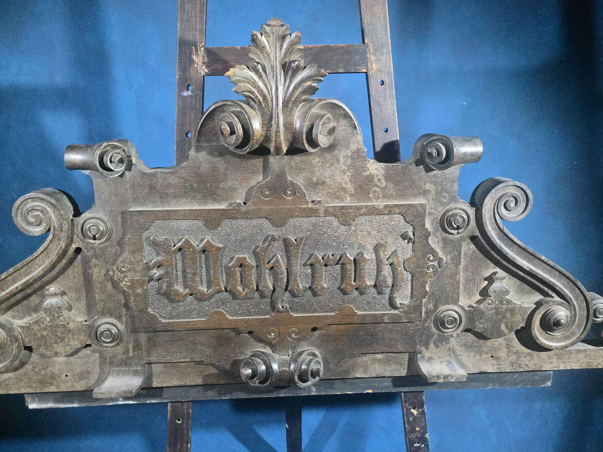 Antique Carved Wood Architectural Pediment with German Fraktur Inscription "Wohlruh" ("Peaceful Rest")