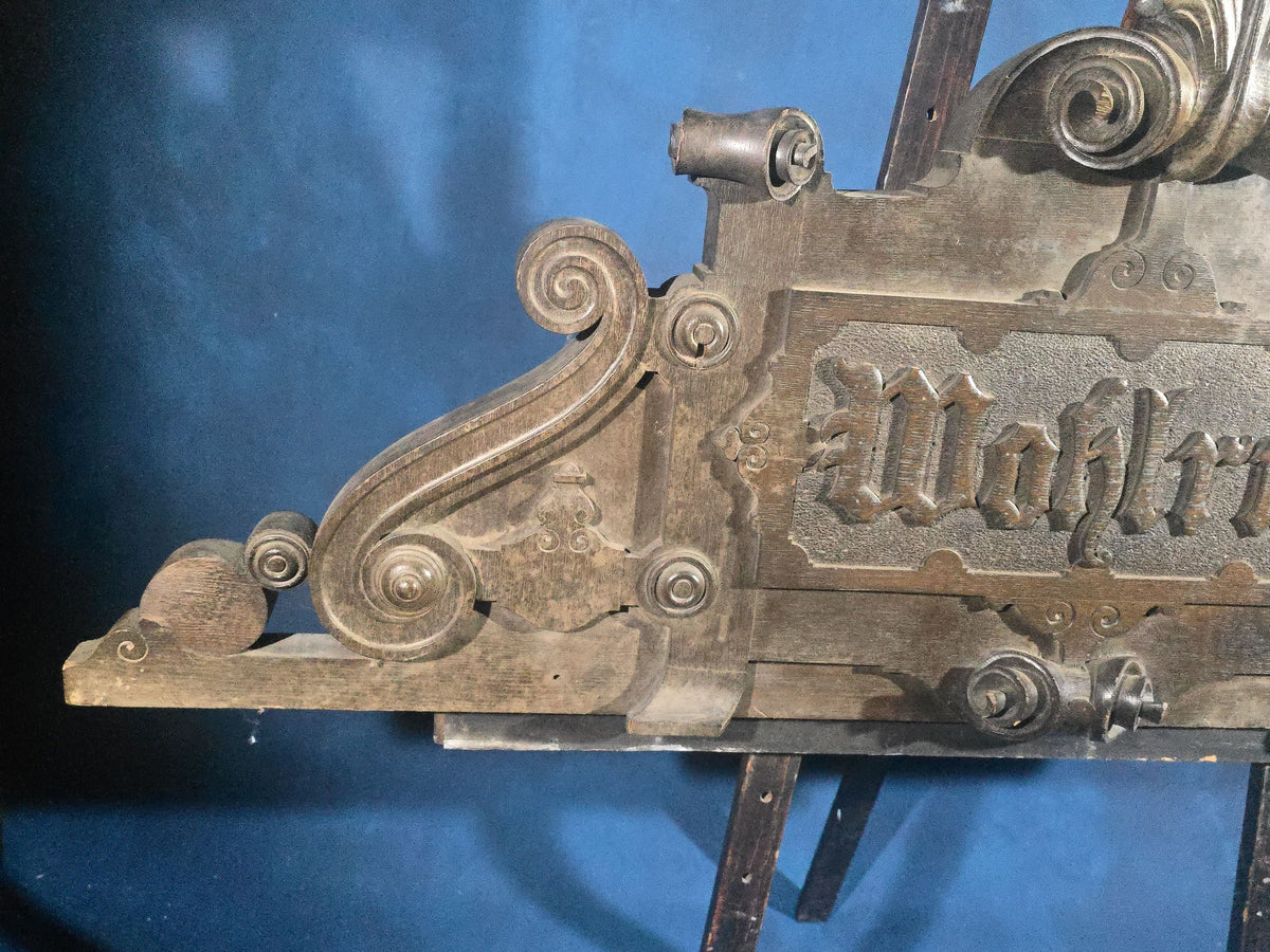 Antique Carved Wood Architectural Pediment with German Fraktur Inscription "Wohlruh" ("Peaceful Rest")