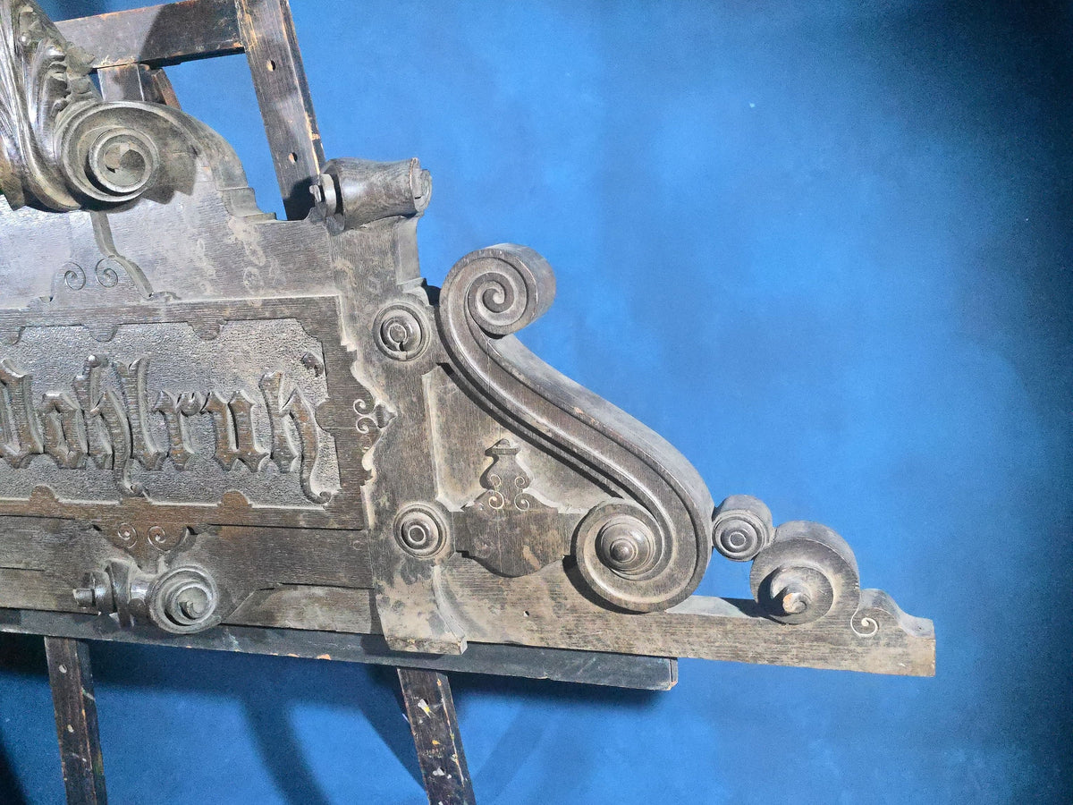 Antique Carved Wood Architectural Pediment with German Fraktur Inscription "Wohlruh" ("Peaceful Rest")