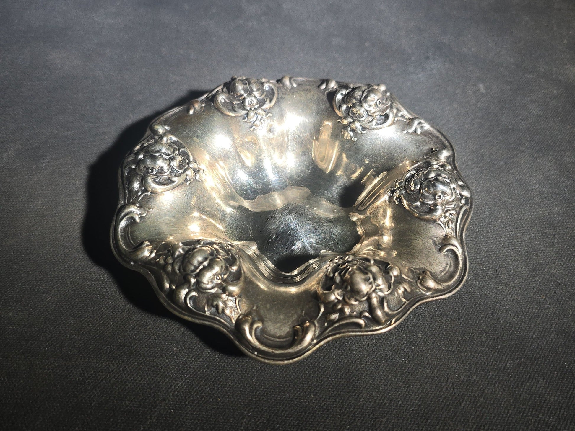 Antique Sterling Silver Art Nouveau Bon Bon Bowl with Repousse Floral Border, Pattern C1050