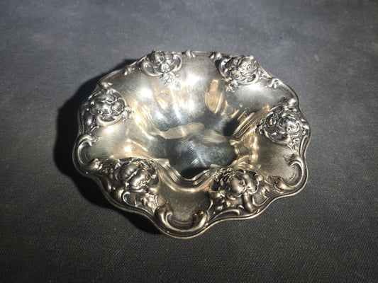 Antique Sterling Silver Art Nouveau Bon Bon Bowl with Repousse Floral Border, Pattern C1050
