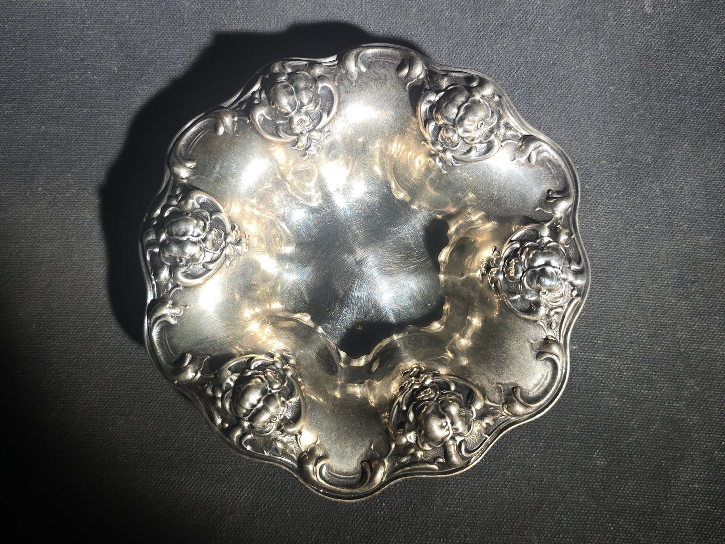 Antique Sterling Silver Art Nouveau Bon Bon Bowl with Repousse Floral Border, Pattern C1050