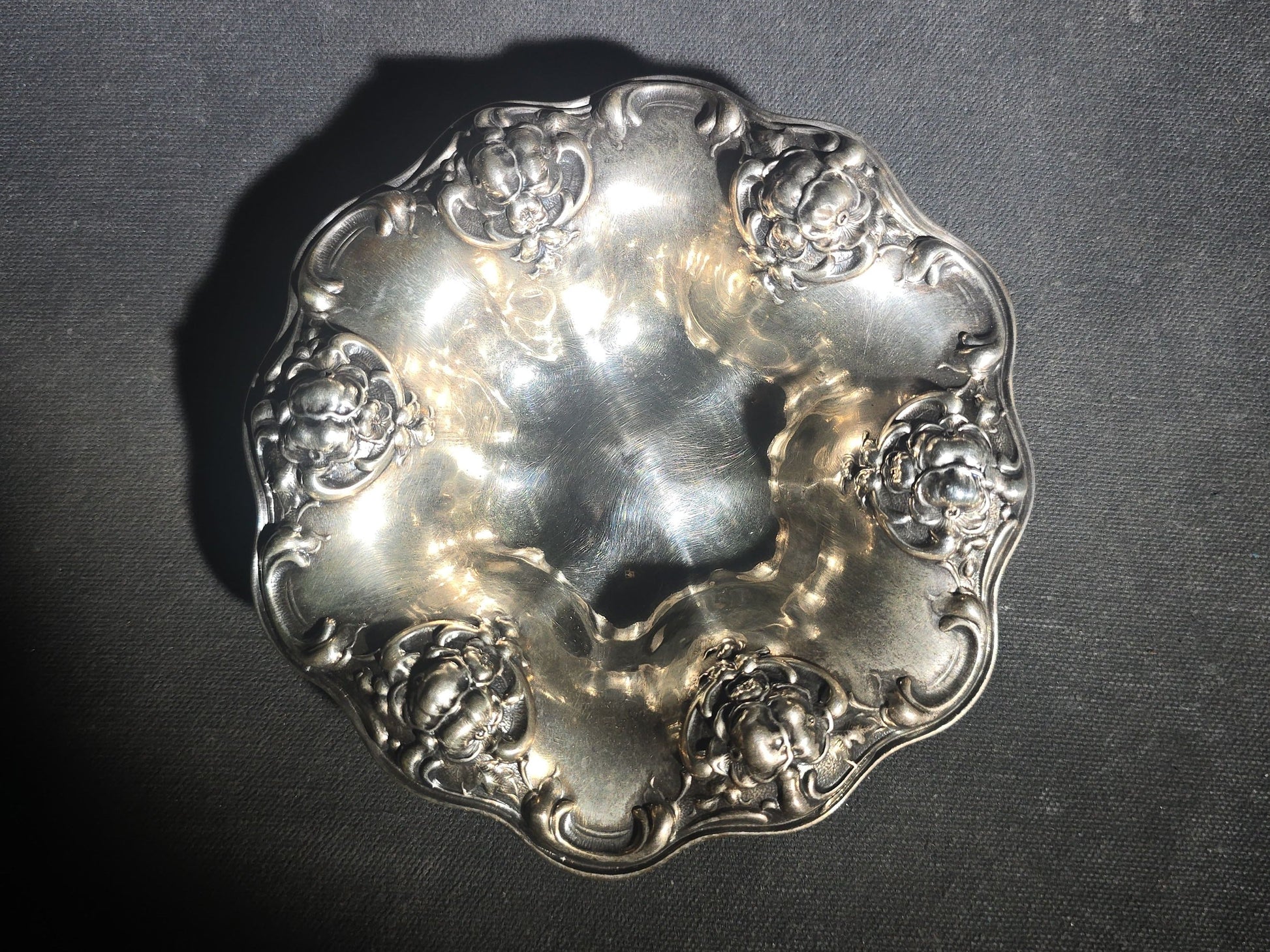 Antique Sterling Silver Art Nouveau Bon Bon Bowl with Repousse Floral Border, Pattern C1050