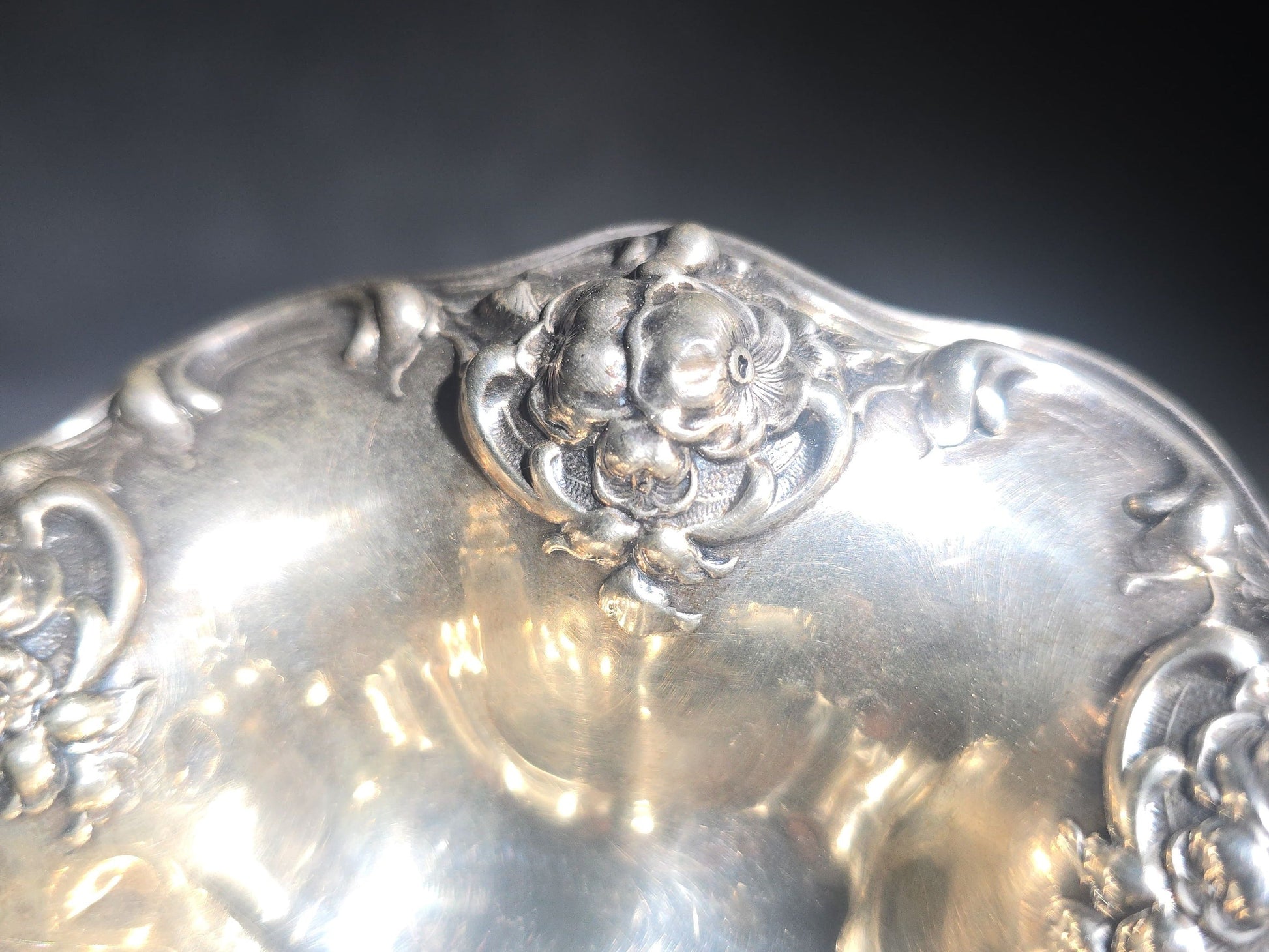 Antique Sterling Silver Art Nouveau Bon Bon Bowl with Repousse Floral Border, Pattern C1050