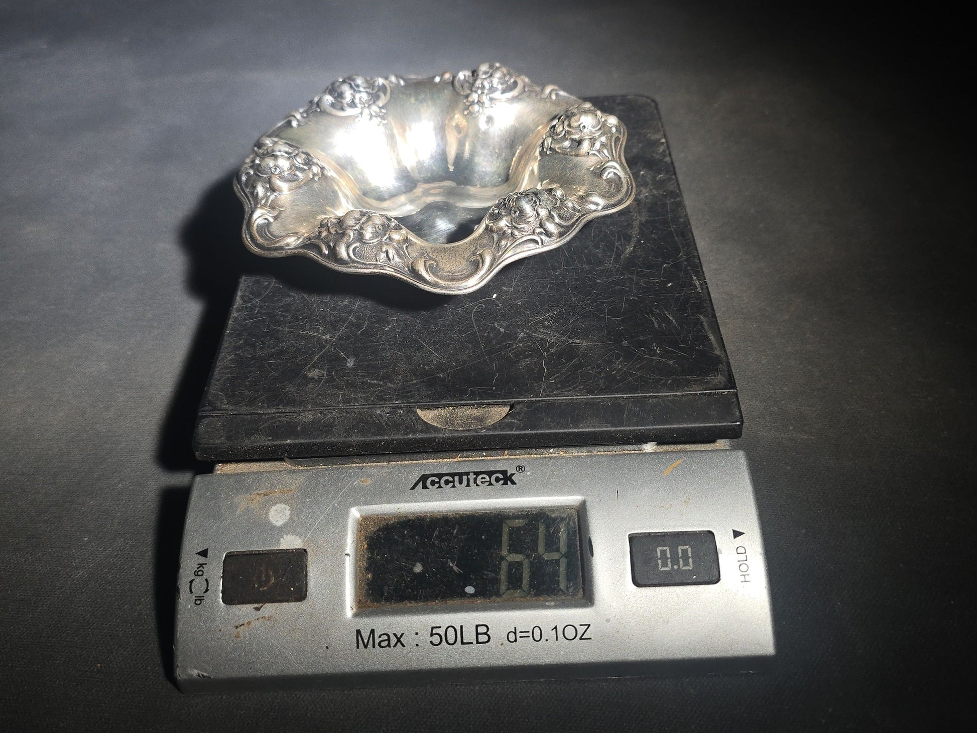 Antique Sterling Silver Art Nouveau Bon Bon Bowl with Repousse Floral Border, Pattern C1050