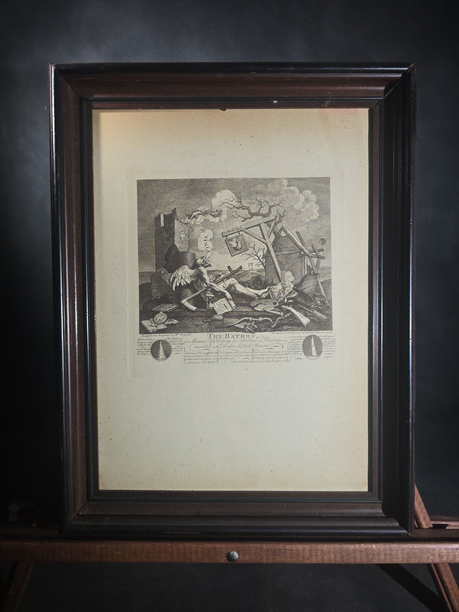 Antique Framed Engraving Print, "The Bathos, or Manner of Sinking, in Sublime Paintings," by William Hogarth (English, 1697-1764), Allegorical Scene of Father Time Expiring, Published 1764