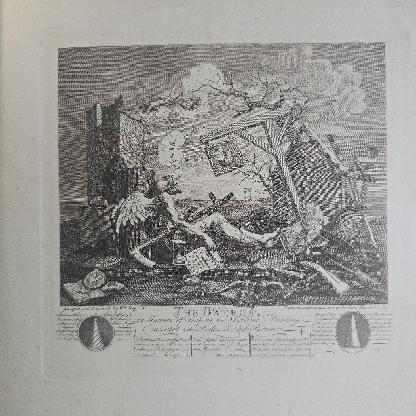 Antique Framed Engraving Print, "The Bathos, or Manner of Sinking, in Sublime Paintings," by William Hogarth (English, 1697-1764), Allegorical Scene of Father Time Expiring, Published 1764