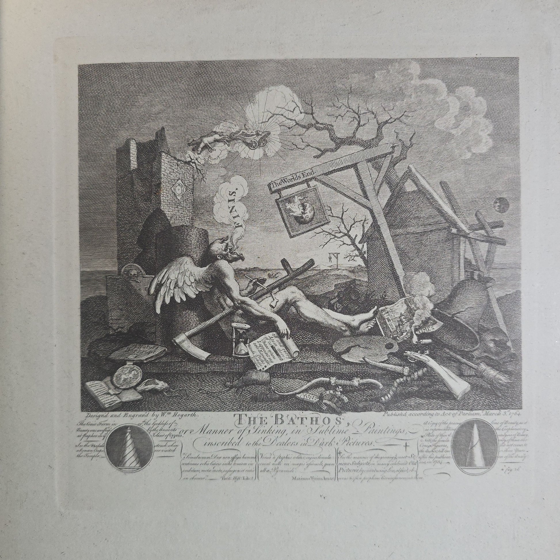 Antique Framed Engraving Print, "The Bathos, or Manner of Sinking, in Sublime Paintings," by William Hogarth (English, 1697-1764), Allegorical Scene of Father Time Expiring, Published 1764