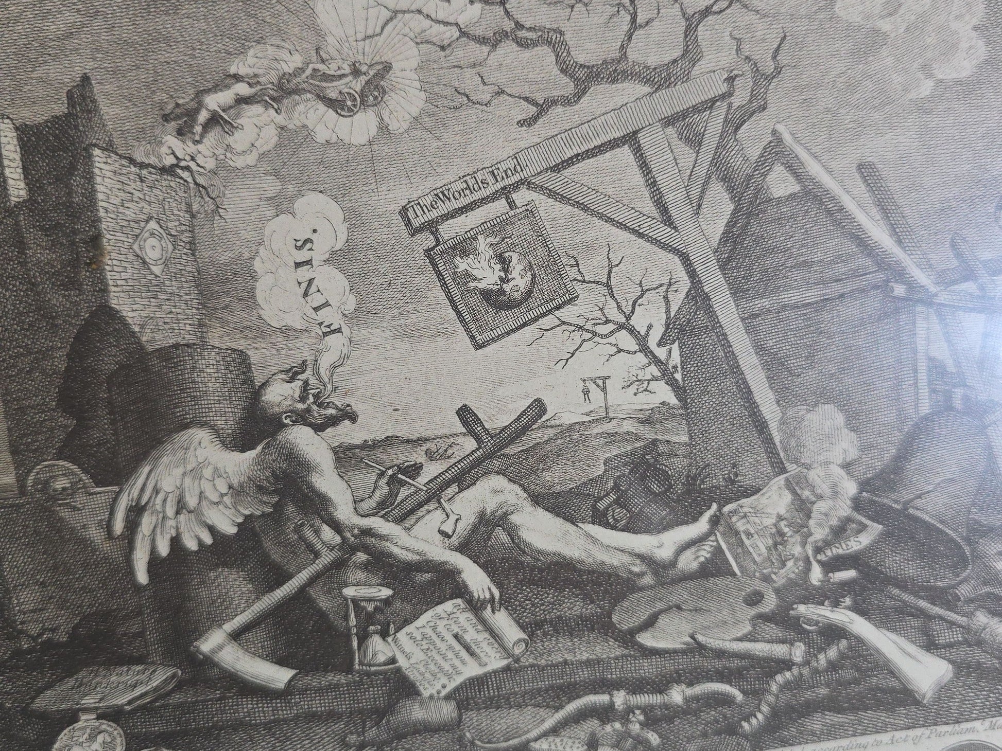 Antique Framed Engraving Print, "The Bathos, or Manner of Sinking, in Sublime Paintings," by William Hogarth (English, 1697-1764), Allegorical Scene of Father Time Expiring, Published 1764