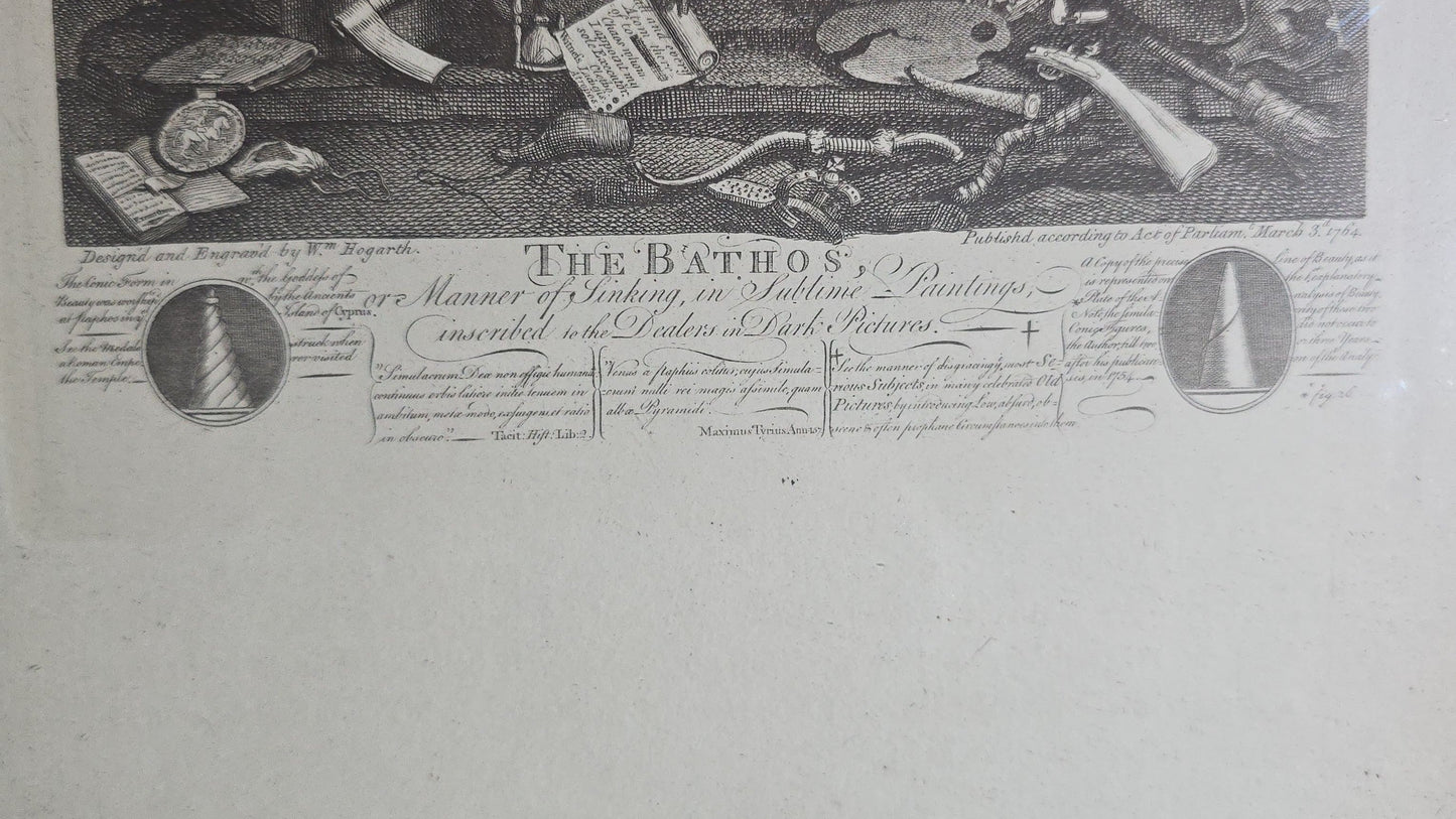 Antique Framed Engraving Print, "The Bathos, or Manner of Sinking, in Sublime Paintings," by William Hogarth (English, 1697-1764), Allegorical Scene of Father Time Expiring, Published 1764