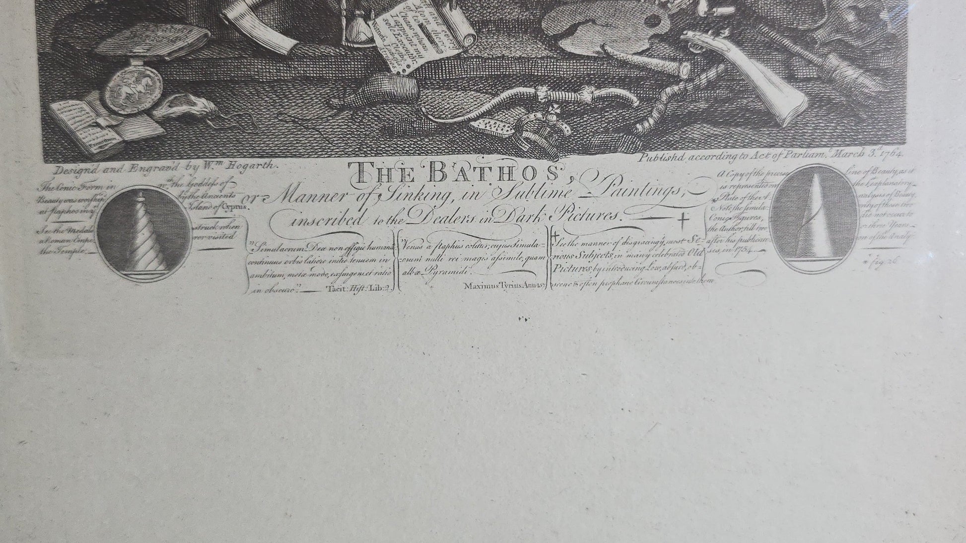 Antique Framed Engraving Print, "The Bathos, or Manner of Sinking, in Sublime Paintings," by William Hogarth (English, 1697-1764), Allegorical Scene of Father Time Expiring, Published 1764