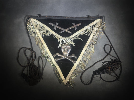 Antique Masonic Knights Templar Black Velvet Apron with Skull and Crossbones and Crossed Swords Emblems, Named to H.F. Salmonde, Manufactured by Ames Sword Co., Chicopee, Massachusetts