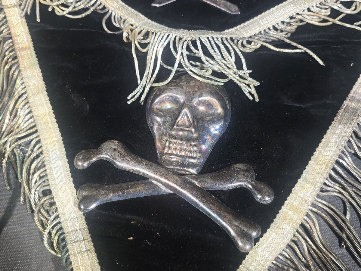 Antique Masonic Knights Templar Black Velvet Apron with Skull and Crossbones and Crossed Swords Emblems, Named to H.F. Salmonde, Manufactured by Ames Sword Co., Chicopee, Massachusetts