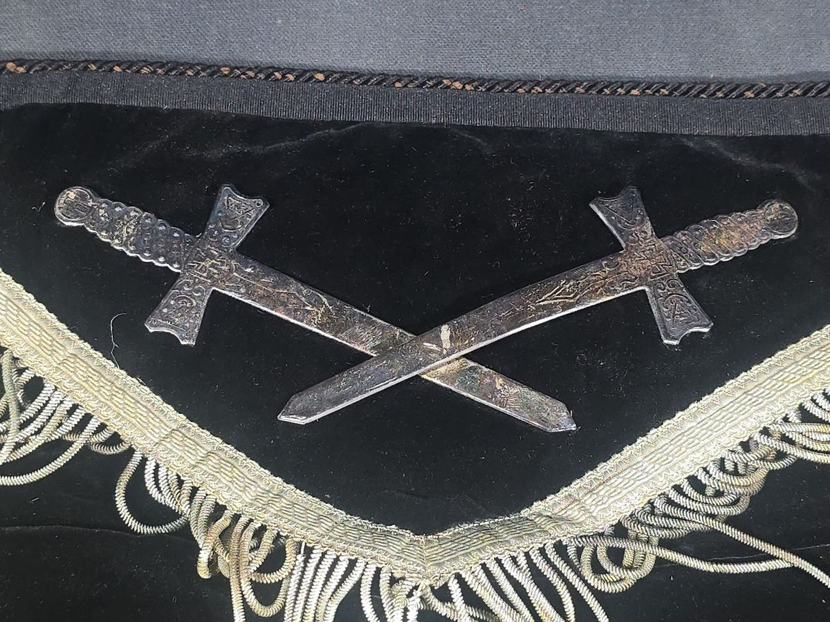Antique Masonic Knights Templar Black Velvet Apron with Skull and Crossbones and Crossed Swords Emblems, Named to H.F. Salmonde, Manufactured by Ames Sword Co., Chicopee, Massachusetts