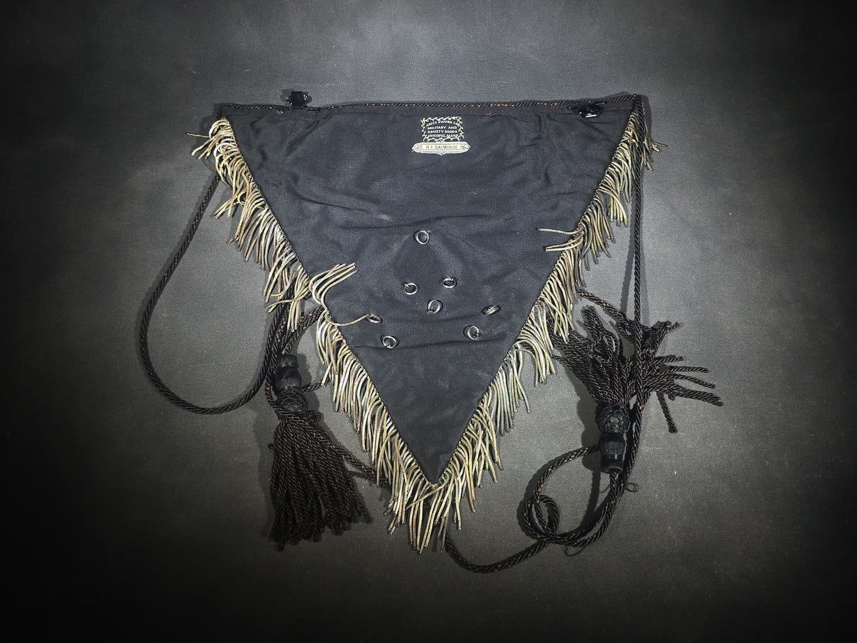 Antique Masonic Knights Templar Black Velvet Apron with Skull and Crossbones and Crossed Swords Emblems, Named to H.F. Salmonde, Manufactured by Ames Sword Co., Chicopee, Massachusetts