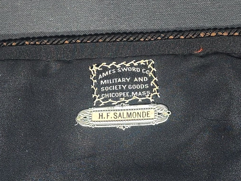 Antique Masonic Knights Templar Black Velvet Apron with Skull and Crossbones and Crossed Swords Emblems, Named to H.F. Salmonde, Manufactured by Ames Sword Co., Chicopee, Massachusetts