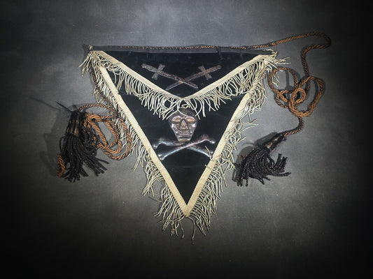 Antique Masonic Knights Templar Black Velvet Apron with Skull and Crossbones and Crossed Swords Emblems, Named to C. E. Howard, Manufactured by Ames Sword Co., Chicopee, Massachusetts