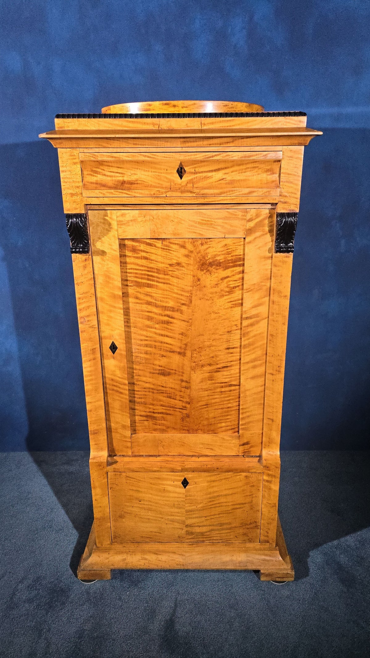 Antique Biedermeier Birch Cabinet with Drawer, Shelved Interior, and Ebonized Accents