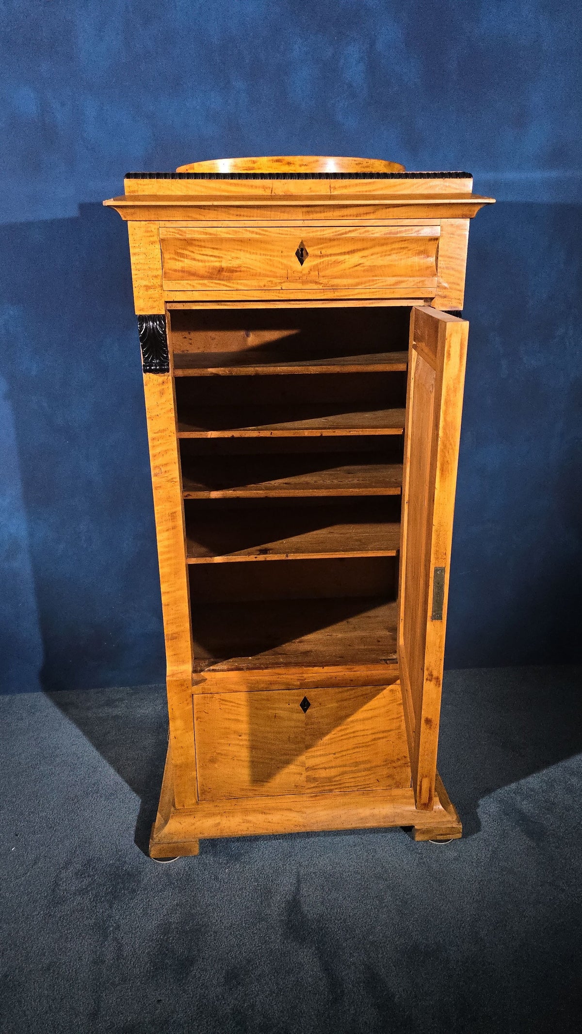 Antique Biedermeier Birch Cabinet with Drawer, Shelved Interior, and Ebonized Accents