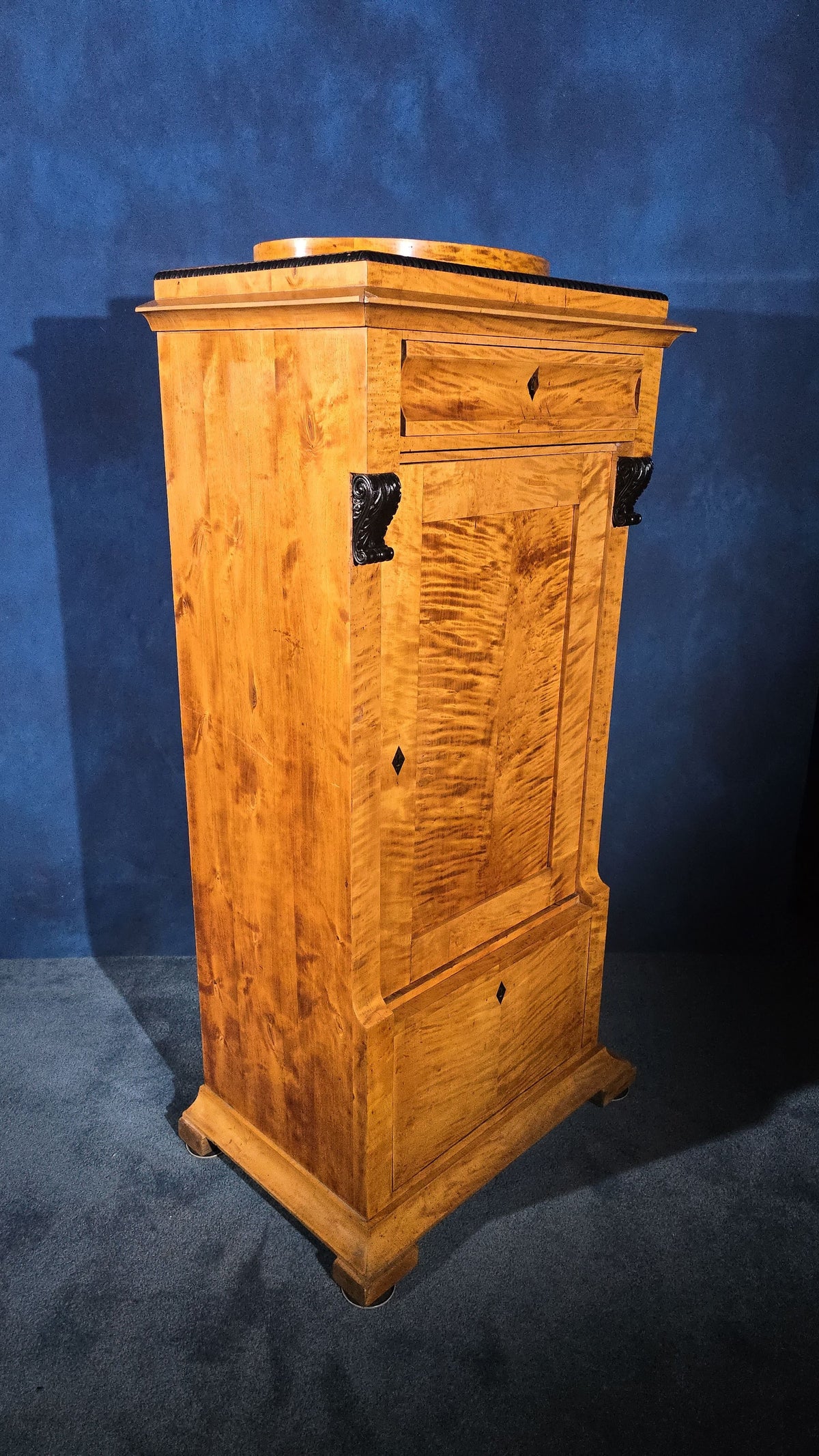 Antique Biedermeier Birch Cabinet with Drawer, Shelved Interior, and Ebonized Accents