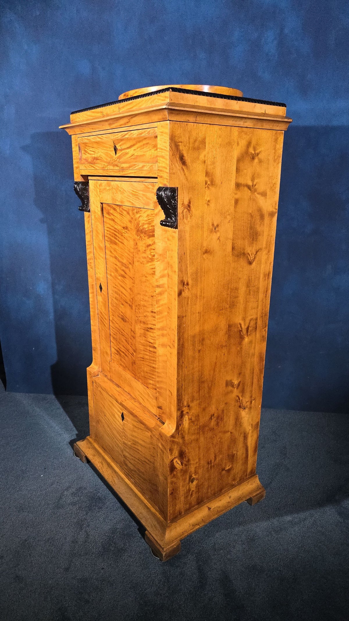 Antique Biedermeier Birch Cabinet with Drawer, Shelved Interior, and Ebonized Accents