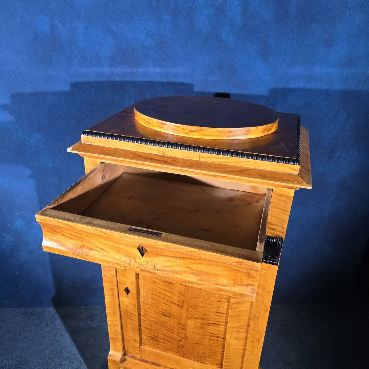 Antique Biedermeier Birch Cabinet with Drawer, Shelved Interior, and Ebonized Accents