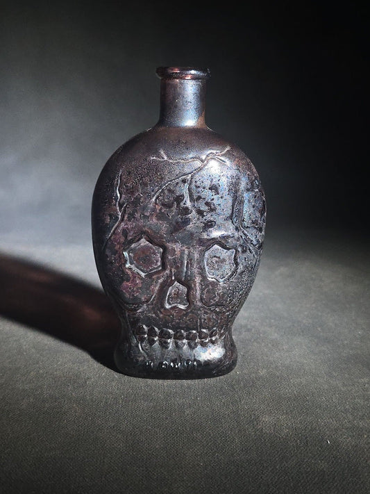 Vintage Fantasy Figural Skull Purple Glass Bottle, Manufactured by Wheaton, Millville, New Jersey