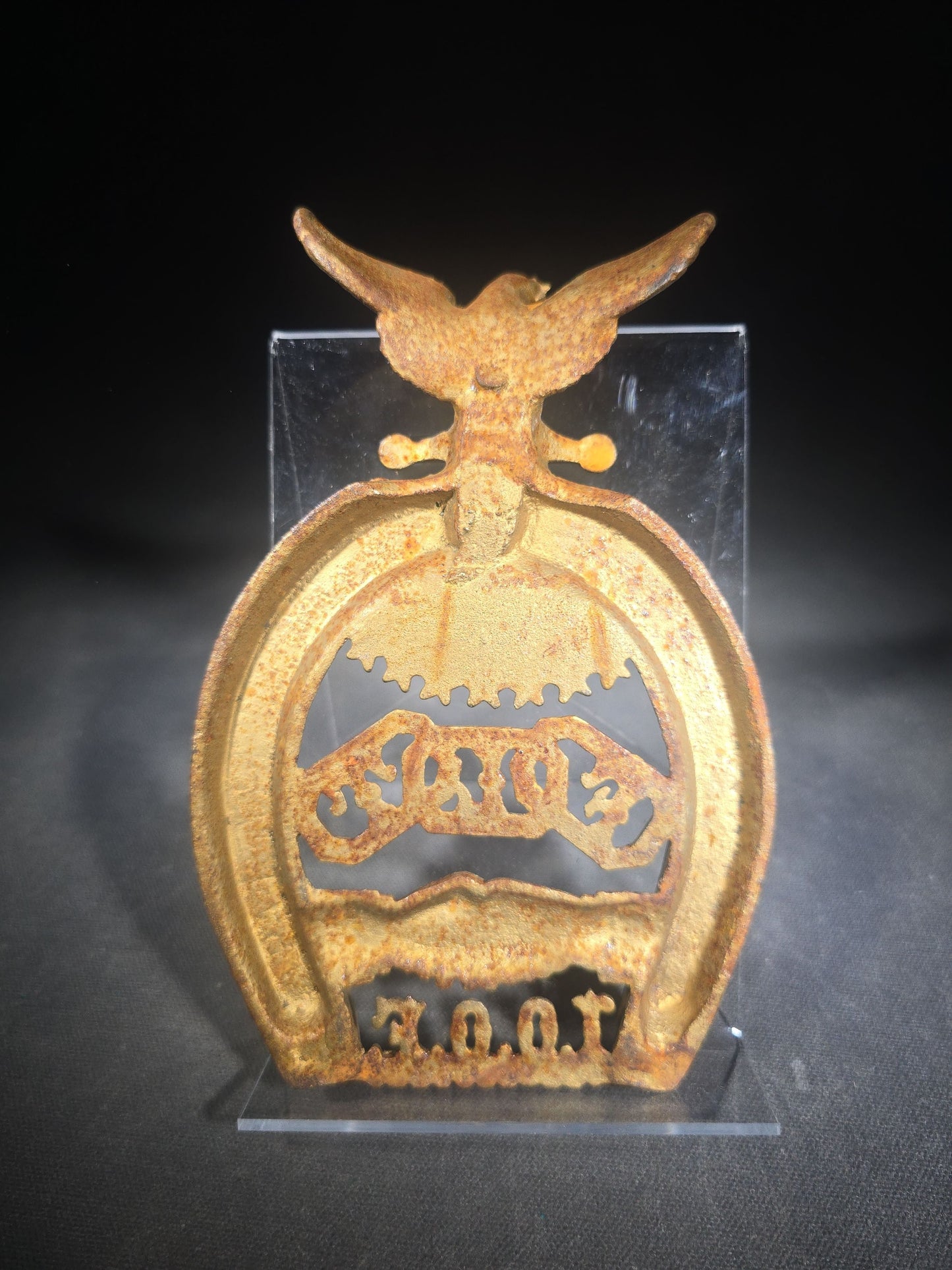 Antique Cast Iron Independent Order of Odd Fellows I.O.O.F. Horseshoe Ornament with Eagle, All-Seeing Eye, Three-Link Chain "F.L.T.," and Clasped Hands