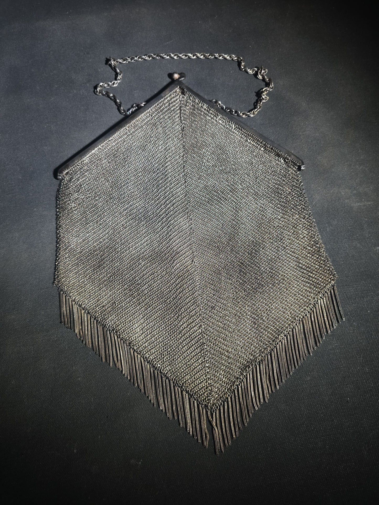 Antique Art Deco Sterling Silver Chain Mail Mesh Purse with Fringe Bottom, Chain Handle, and Interior Coin Purse