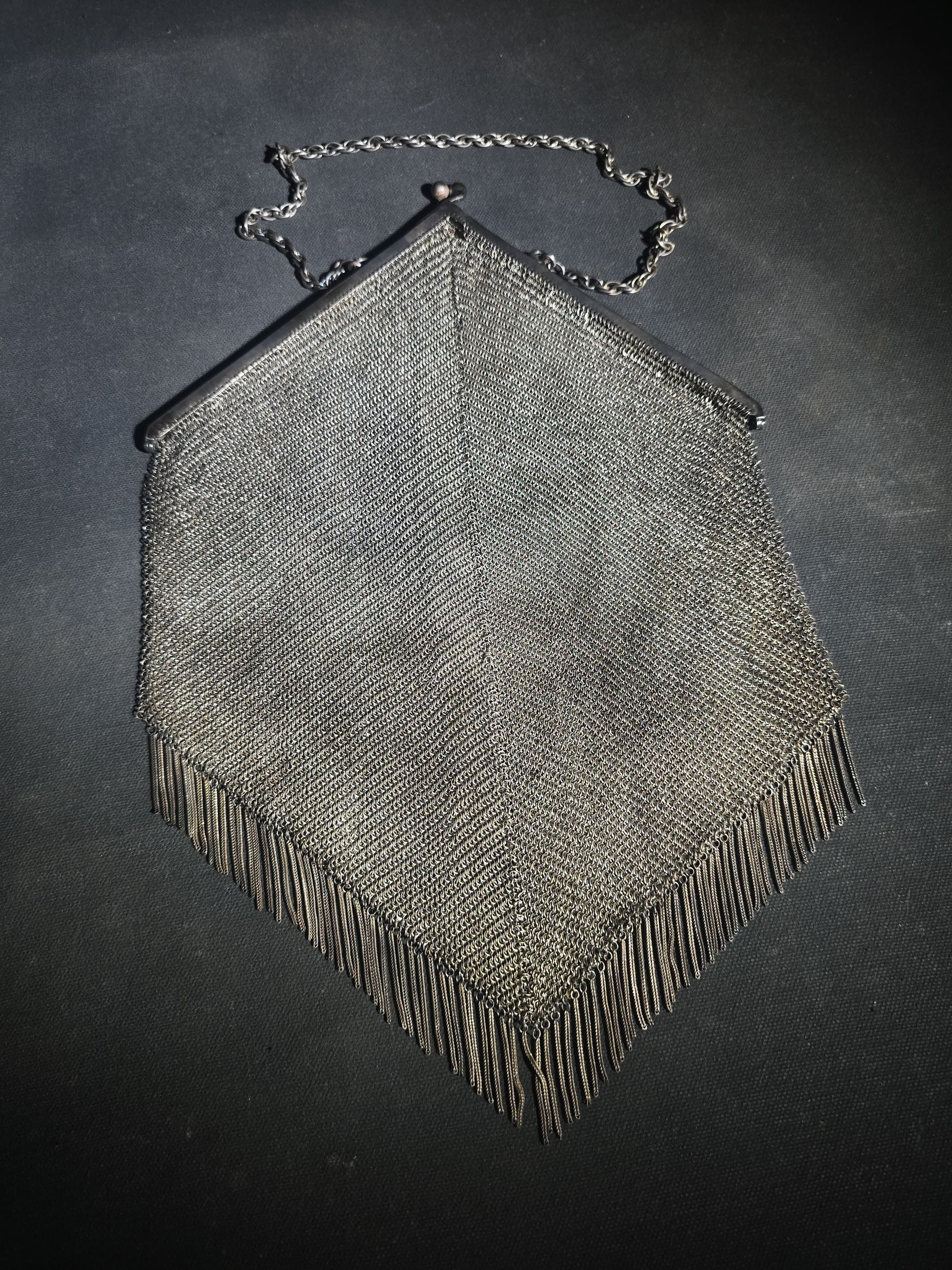 Antique Art Deco Sterling Silver Chain Mail Mesh Purse with Fringe Bottom, Chain Handle, and Interior Coin Purse