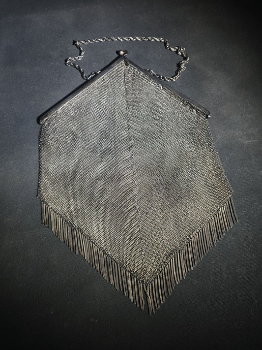 Antique Art Deco Sterling Silver Chain Mail Mesh Purse with Fringe Bottom, Chain Handle, and Interior Coin Purse