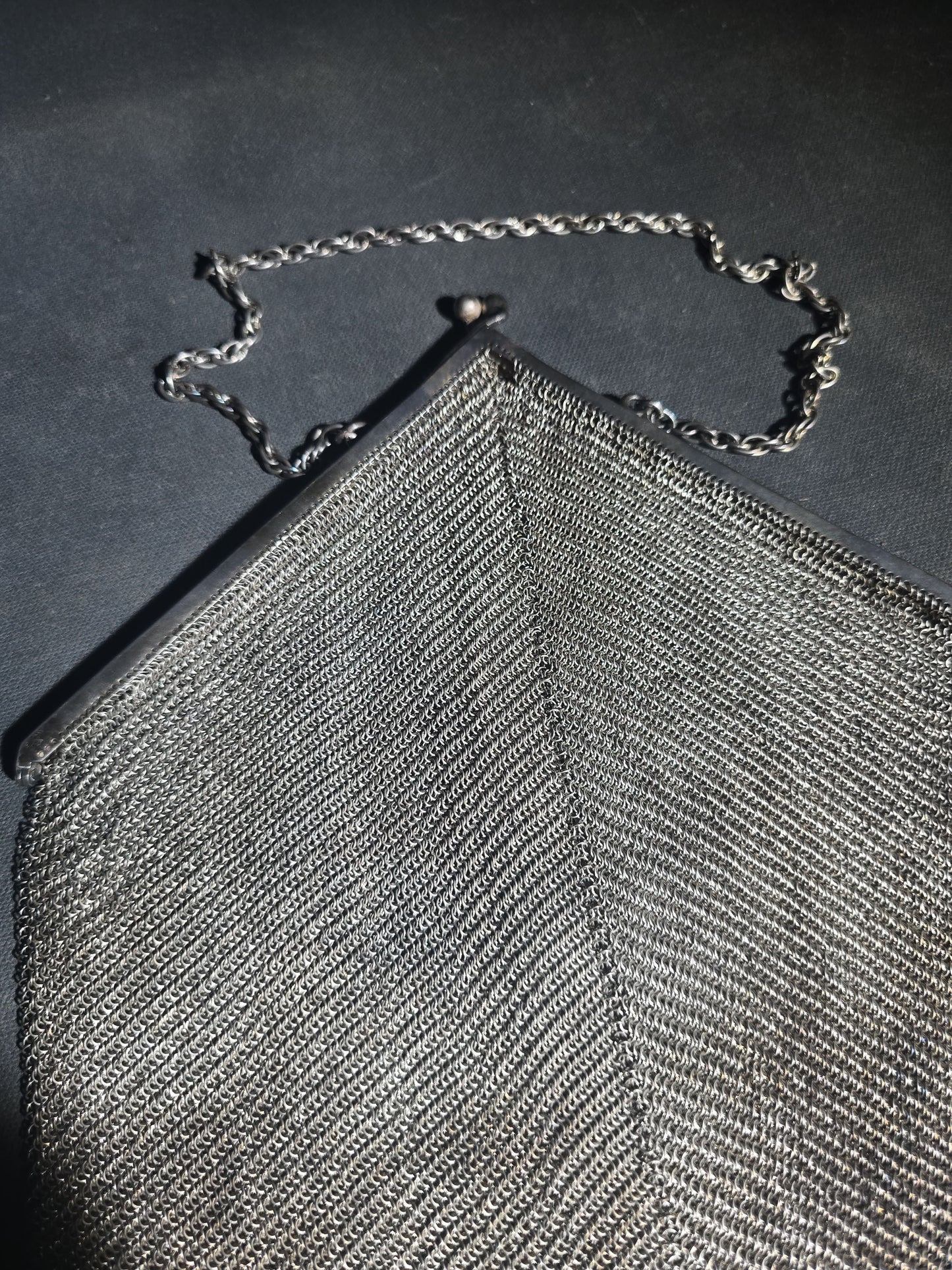 Antique Art Deco Sterling Silver Chain Mail Mesh Purse with Fringe Bottom, Chain Handle, and Interior Coin Purse