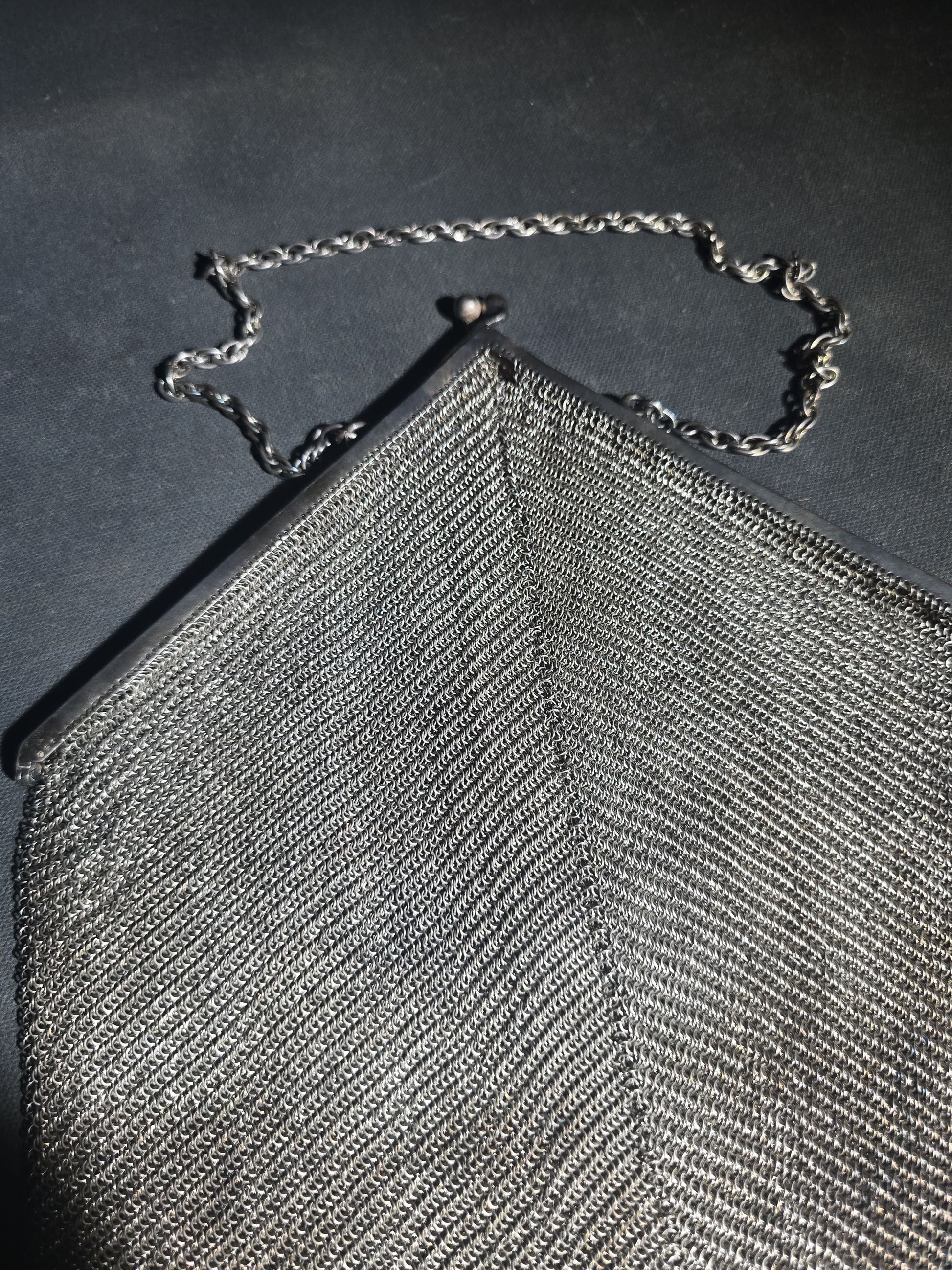 Antique Art Deco Sterling Silver Chain Mail Mesh Purse with Fringe Bottom, Chain Handle, and Interior Coin Purse