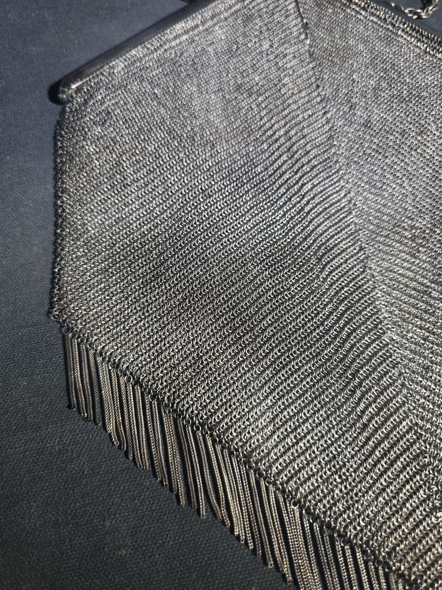 Antique Art Deco Sterling Silver Chain Mail Mesh Purse with Fringe Bottom, Chain Handle, and Interior Coin Purse