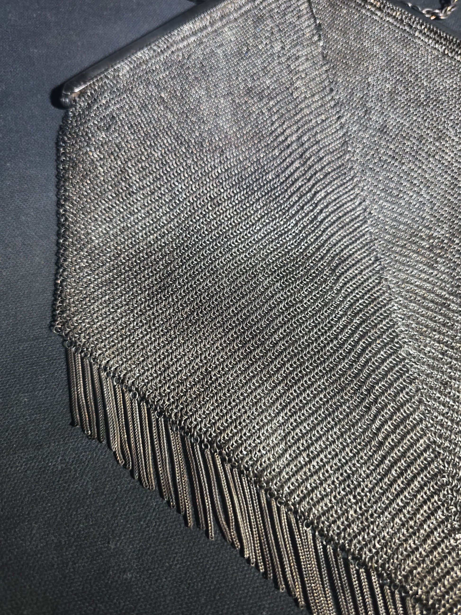 Antique Art Deco Sterling Silver Chain Mail Mesh Purse with Fringe Bottom, Chain Handle, and Interior Coin Purse