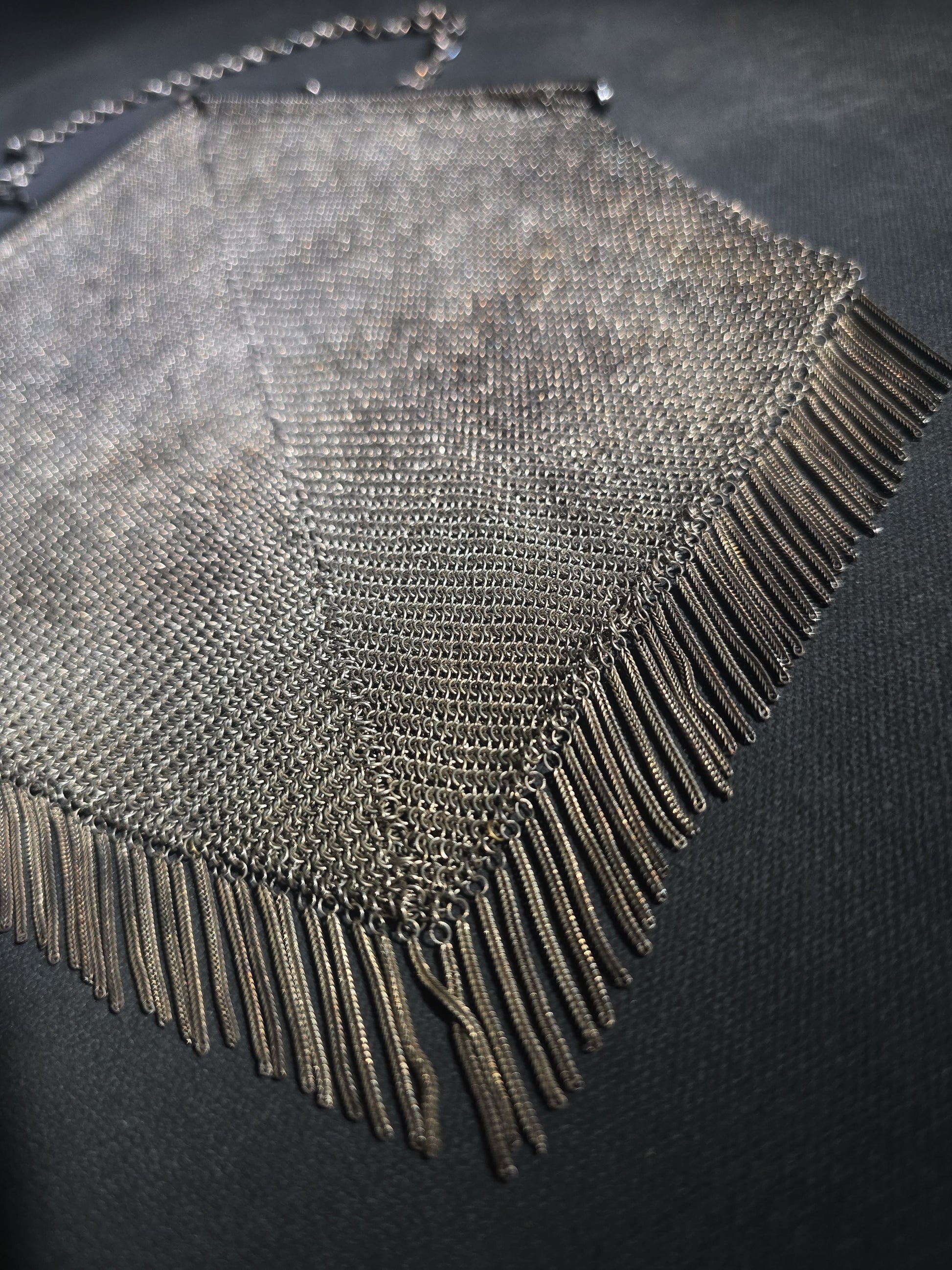 Antique Art Deco Sterling Silver Chain Mail Mesh Purse with Fringe Bottom, Chain Handle, and Interior Coin Purse