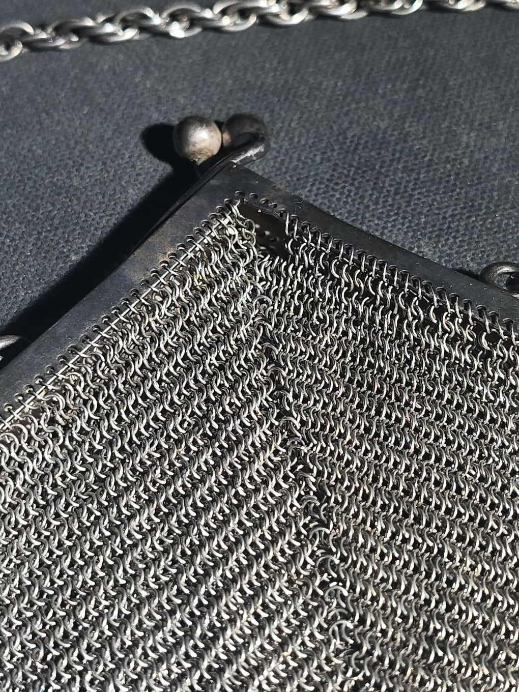 Antique Art Deco Sterling Silver Chain Mail Mesh Purse with Fringe Bottom, Chain Handle, and Interior Coin Purse