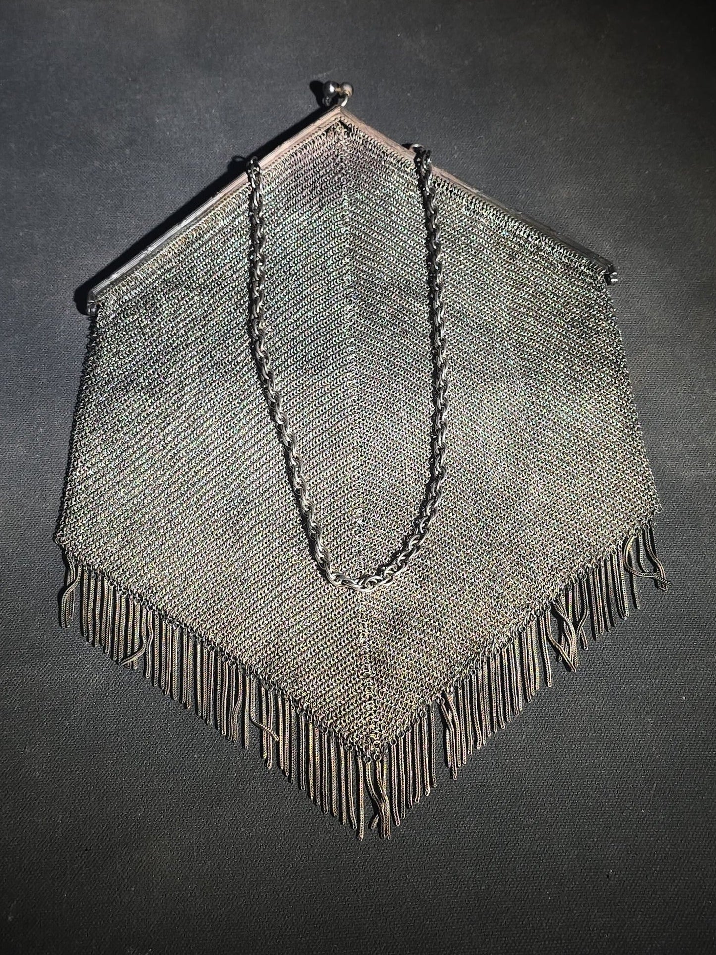 Antique Art Deco Sterling Silver Chain Mail Mesh Purse with Fringe Bottom, Chain Handle, and Interior Coin Purse