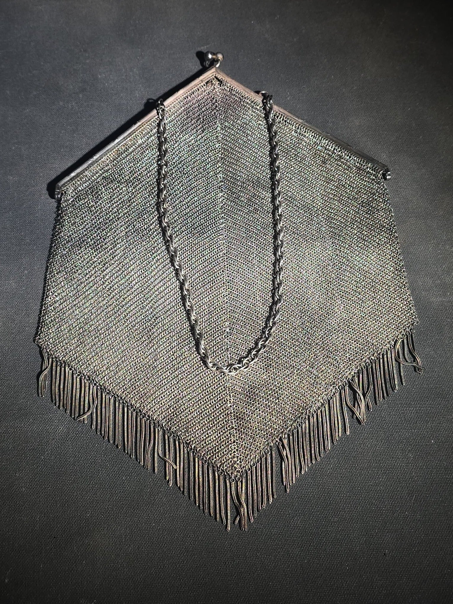 Antique Art Deco Sterling Silver Chain Mail Mesh Purse with Fringe Bottom, Chain Handle, and Interior Coin Purse