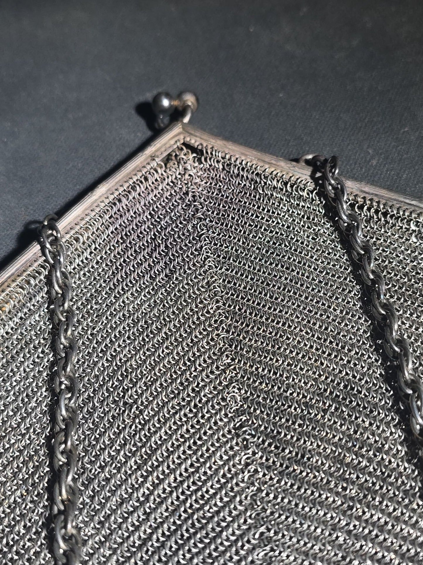 Antique Art Deco Sterling Silver Chain Mail Mesh Purse with Fringe Bottom, Chain Handle, and Interior Coin Purse