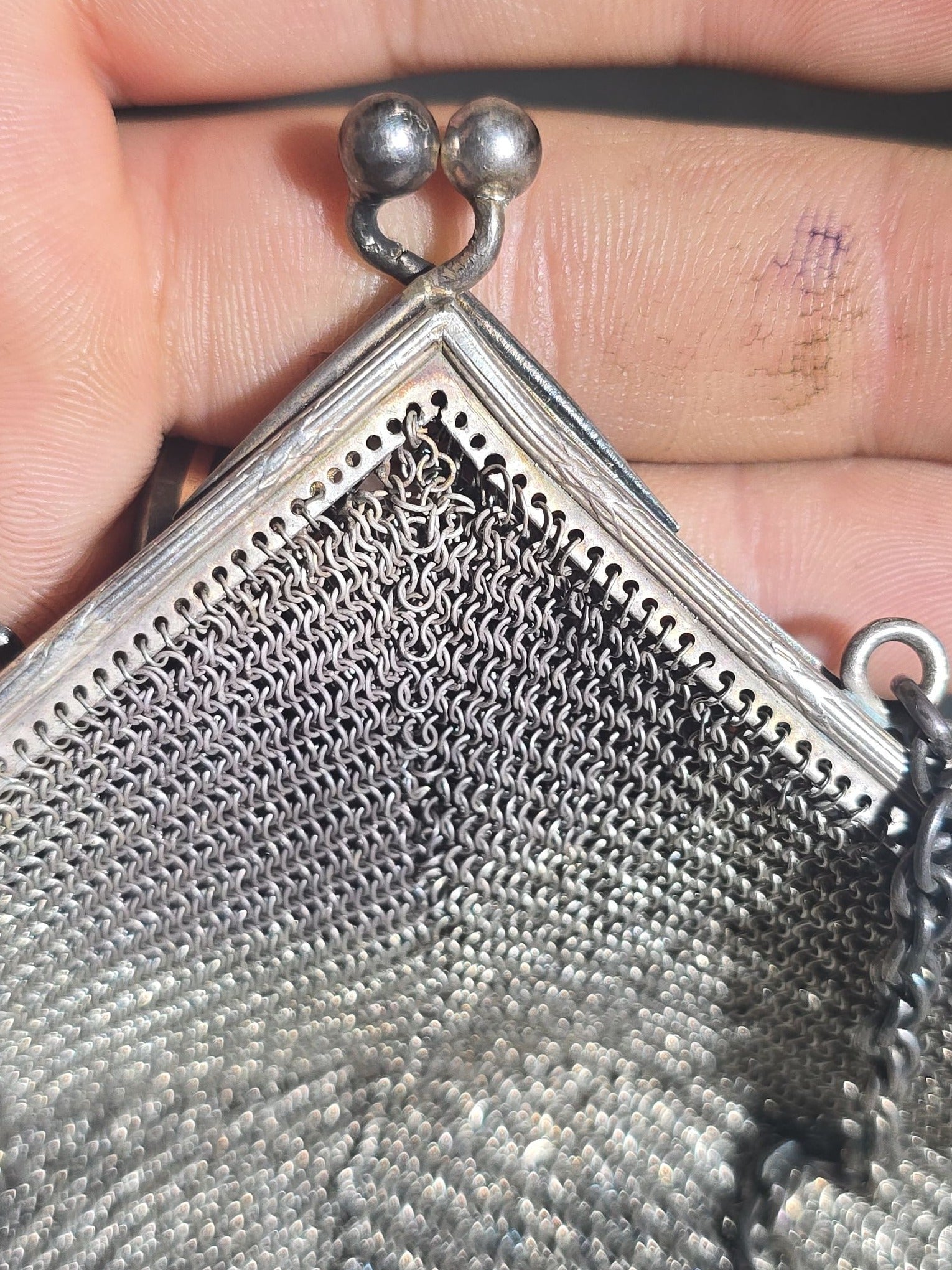 Antique Art Deco Sterling Silver Chain Mail Mesh Purse with Fringe Bottom, Chain Handle, and Interior Coin Purse