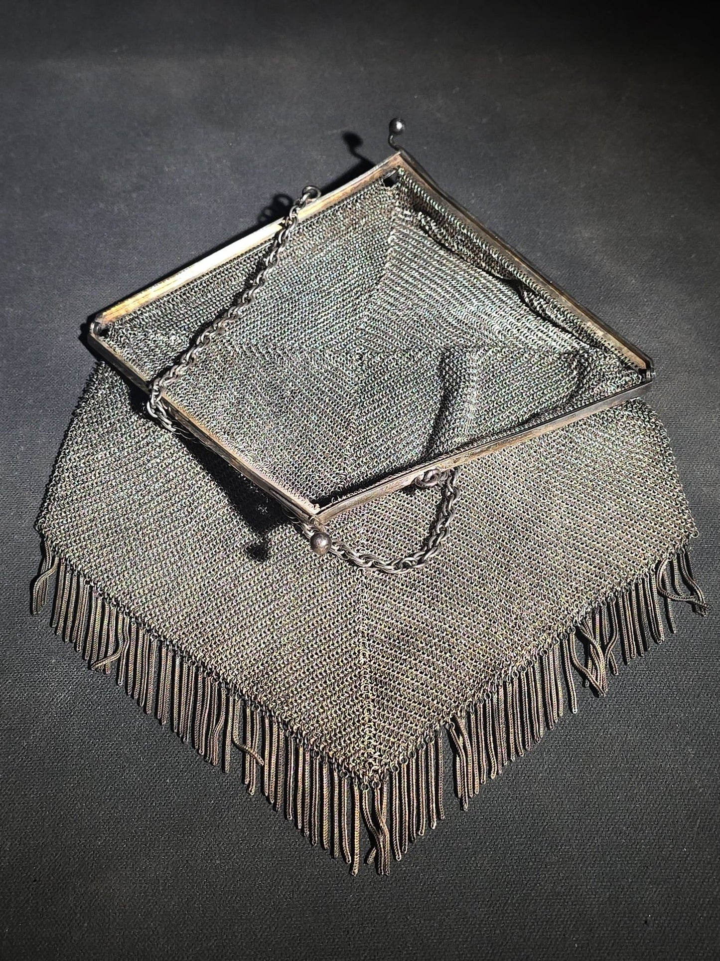 Antique Art Deco Sterling Silver Chain Mail Mesh Purse with Fringe Bottom, Chain Handle, and Interior Coin Purse