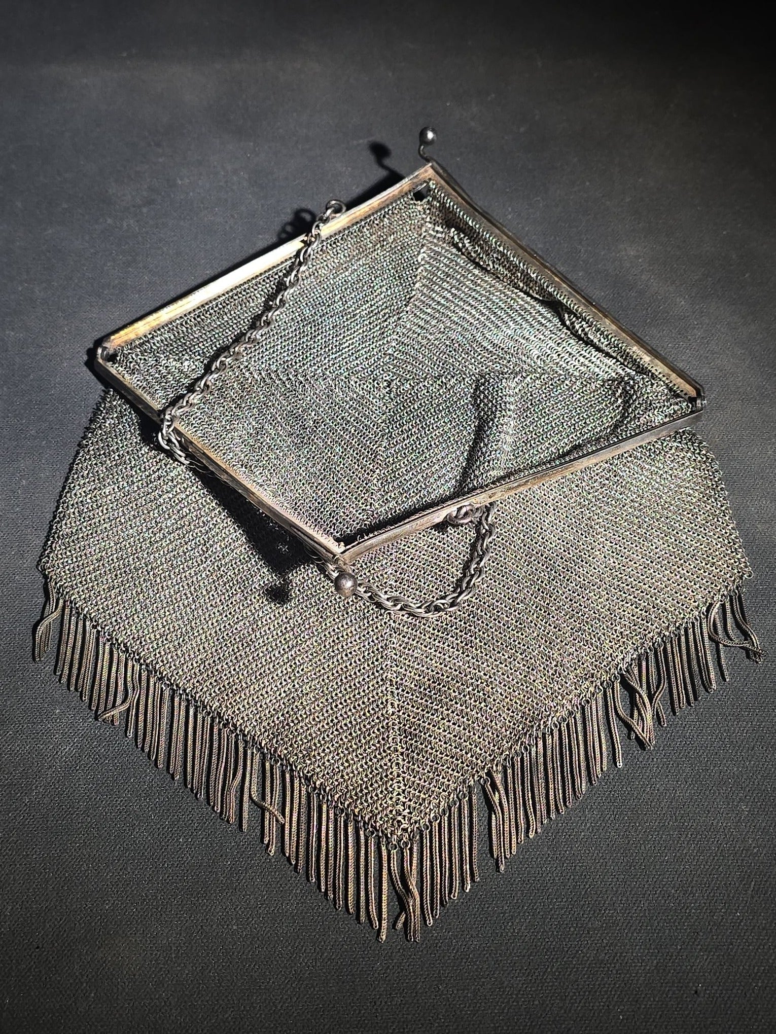 Antique Art Deco Sterling Silver Chain Mail Mesh Purse with Fringe Bottom, Chain Handle, and Interior Coin Purse