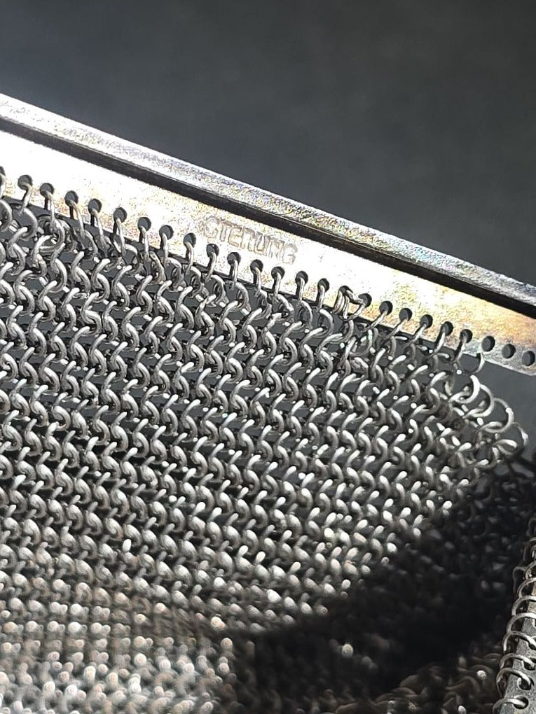 Antique Art Deco Sterling Silver Chain Mail Mesh Purse with Fringe Bottom, Chain Handle, and Interior Coin Purse