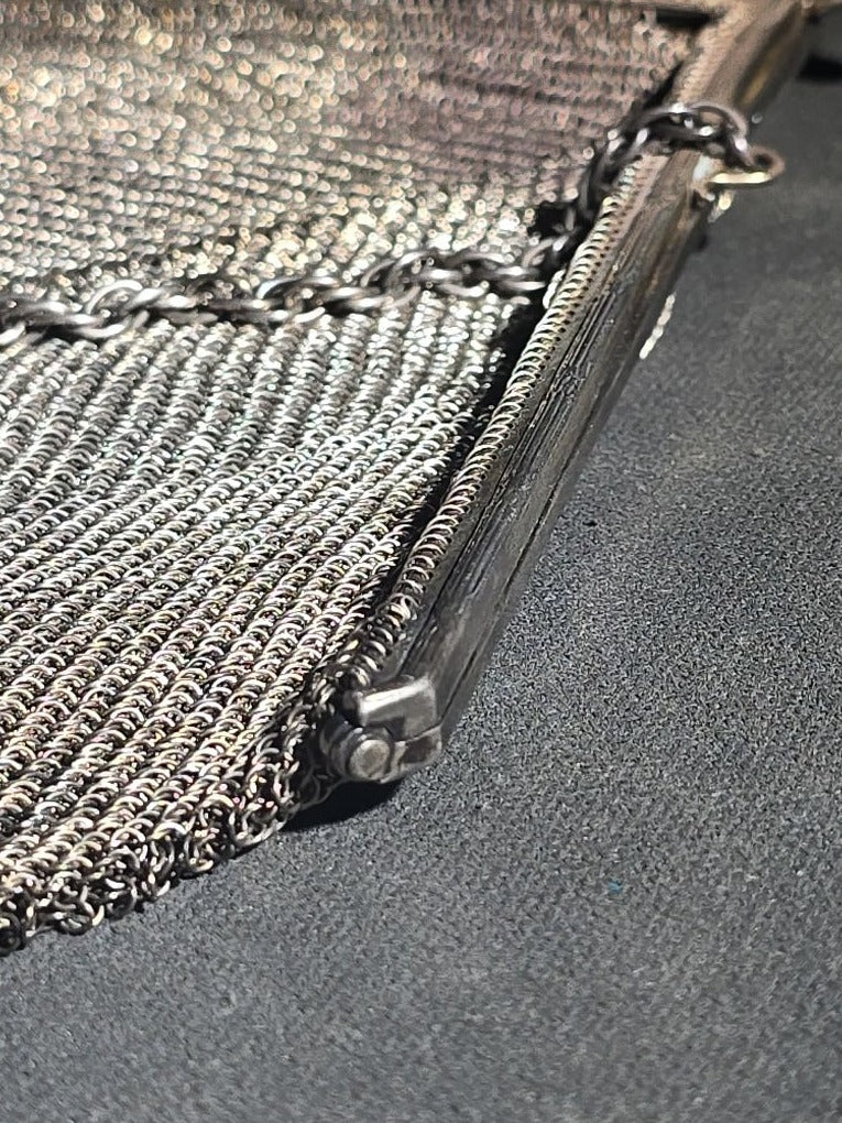 Antique Art Deco Sterling Silver Chain Mail Mesh Purse with Fringe Bottom, Chain Handle, and Interior Coin Purse