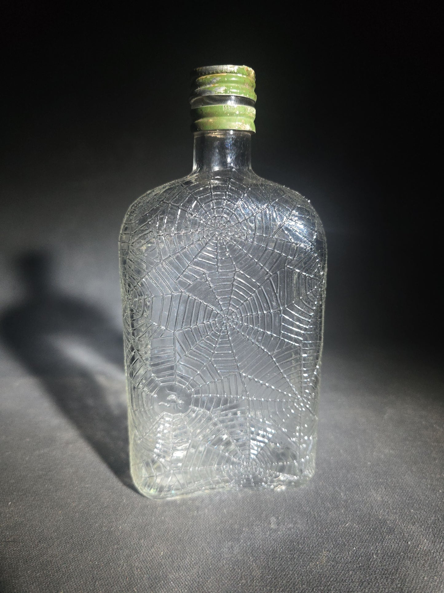 Antique Hiram Walker Spider Web Clear Glass Whiskey Bottle with Green Screw Cap