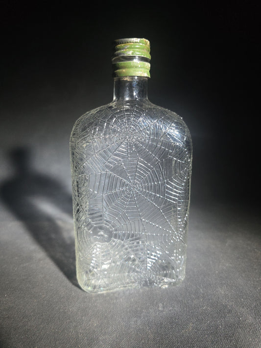 Antique Hiram Walker Spider Web Clear Glass Whiskey Bottle with Green Screw Cap