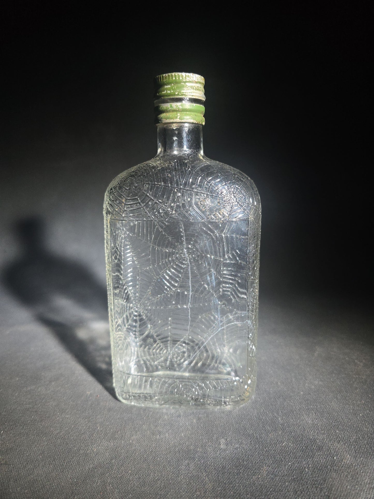 Antique Hiram Walker Spider Web Clear Glass Whiskey Bottle with Green Screw Cap