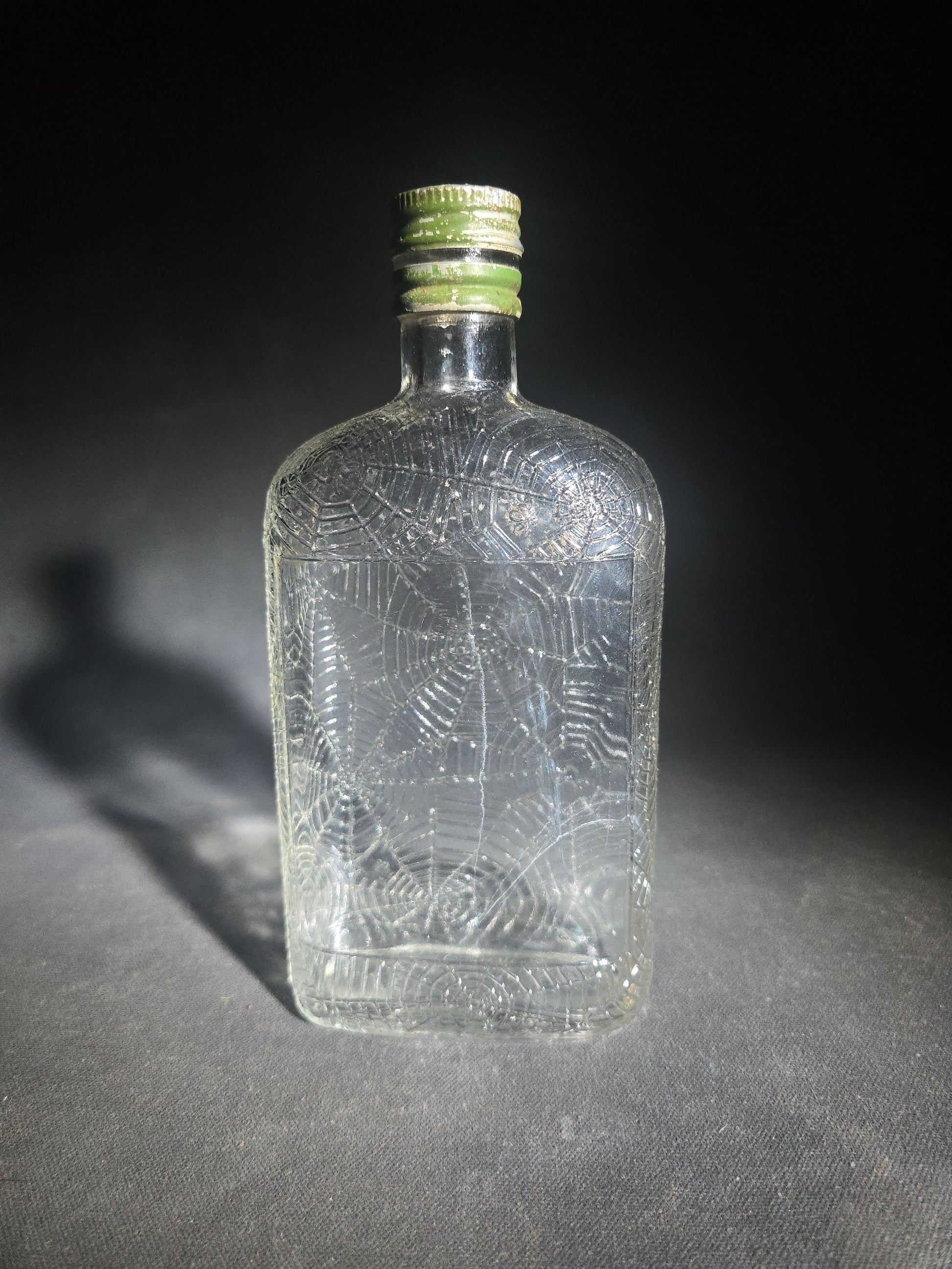 Antique Hiram Walker Spider Web Clear Glass Whiskey Bottle with Green Screw Cap