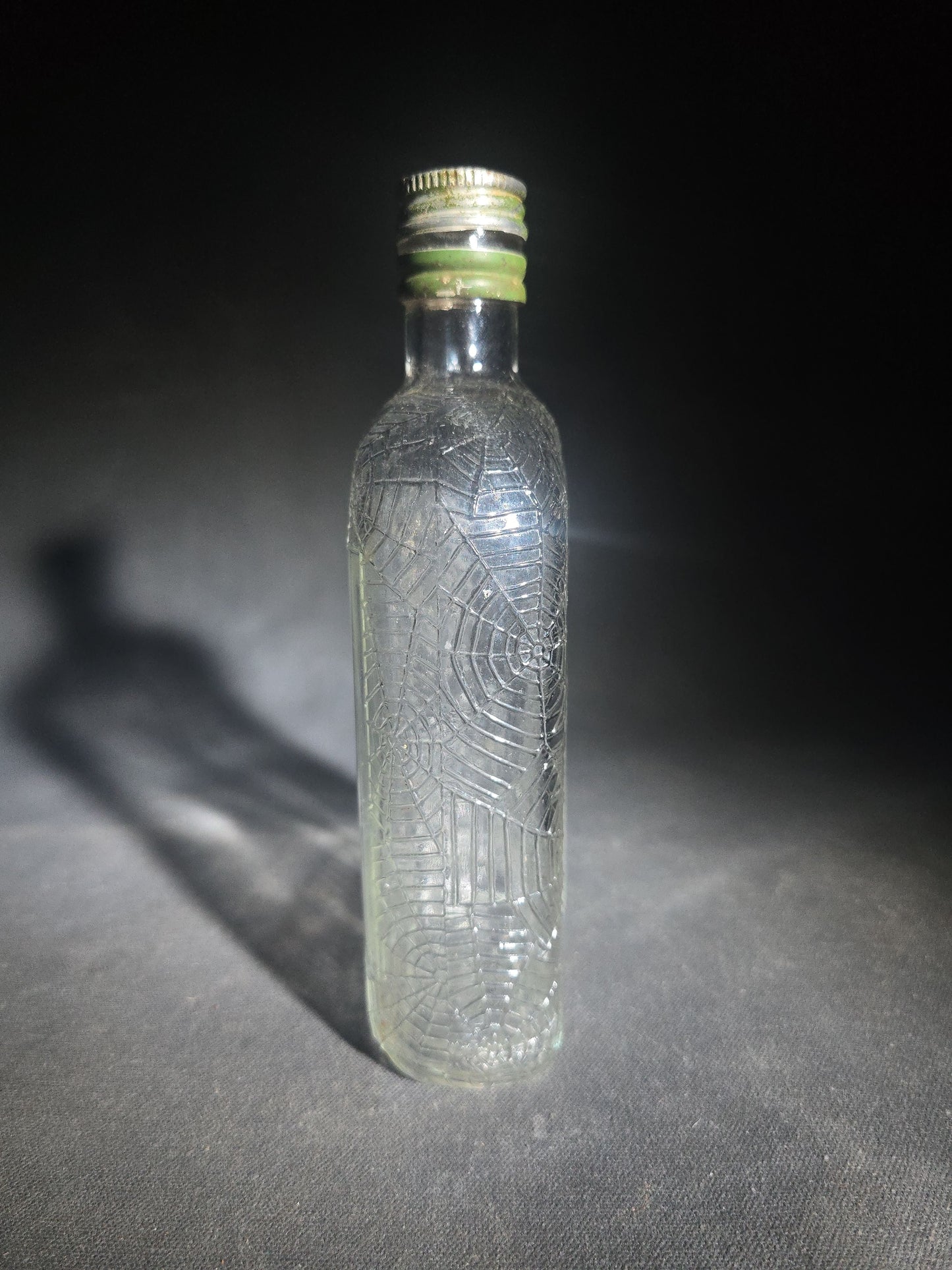Antique Hiram Walker Spider Web Clear Glass Whiskey Bottle with Green Screw Cap